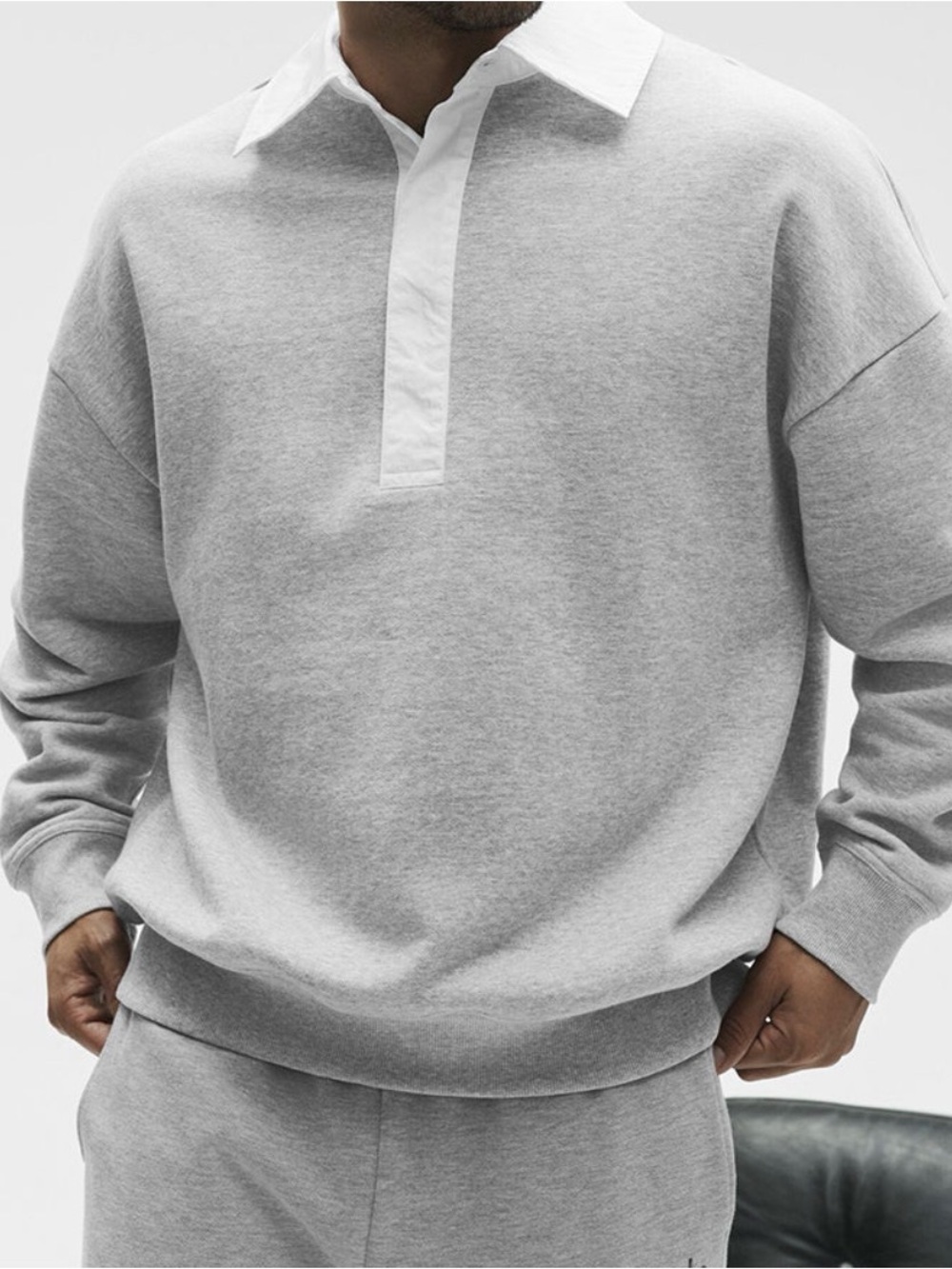 ALO Yoga Men's Heather Gray Polo Sweatshirt with White Contrast Collar